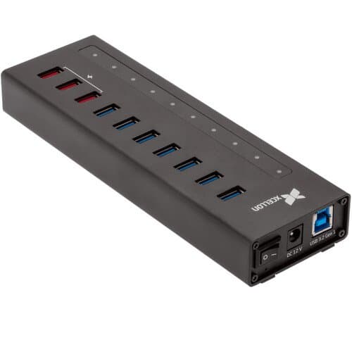 Xcellon 10-Port Powered USB 3.2 Gen 1 Slim Aluminum Hub with 3 Dual Data/Charging Ports