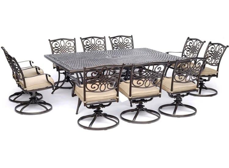 Hanover Traditions 11-Piece Outdoor Dining Set In Tan/Cast With 10 Swivel Rockers, 60x84" Cast Table