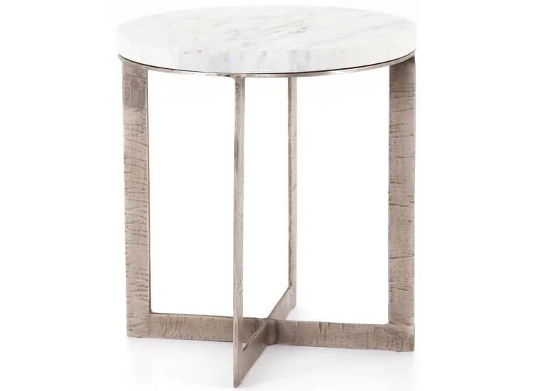 Four Hands Lennie Round Nightstand, Polished White Marble