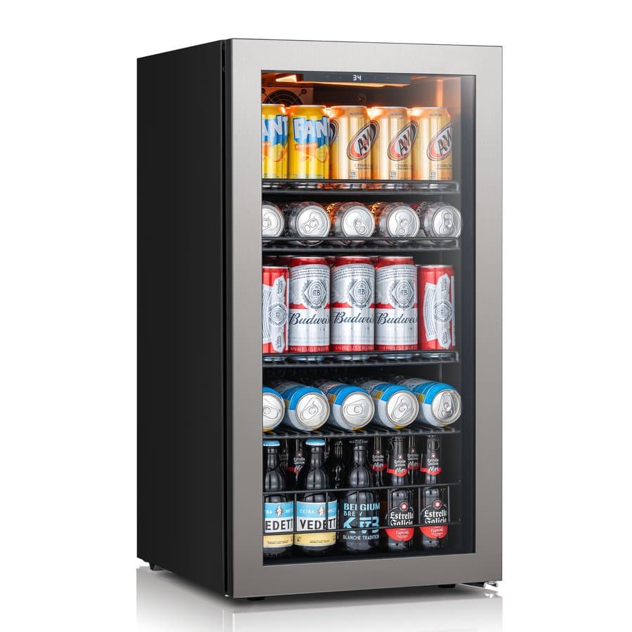 105 Cans Beverage Cooler 16.9 in. W Single Zone Refrigerator 2-Layer UV-Blocking Tempered Glass Door, Stainless Steel