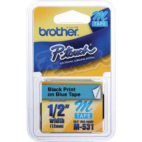 Brother M Labeling Tape (1/2" x 26.2', Black on Blue, One Roll)