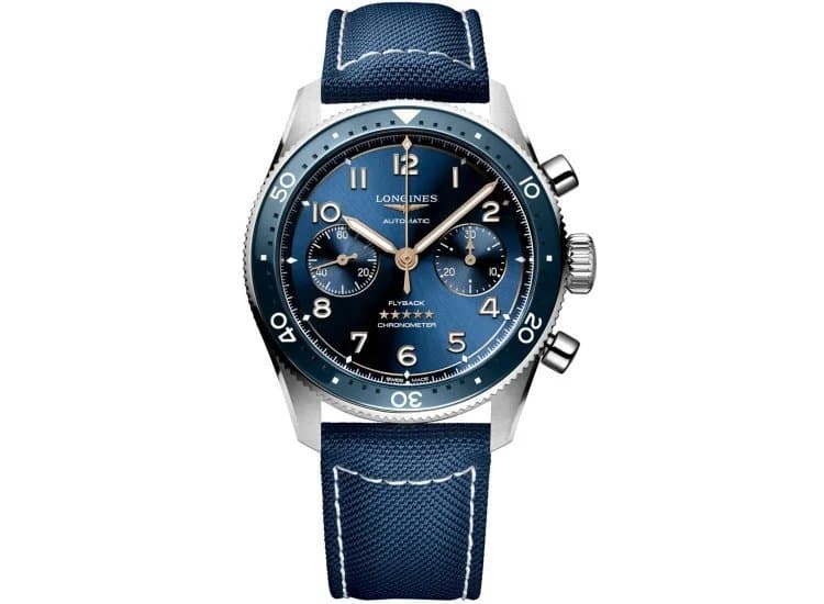 Longines Spirit Flyback 42mm Watch with Blue Dial and Synthetic Strap