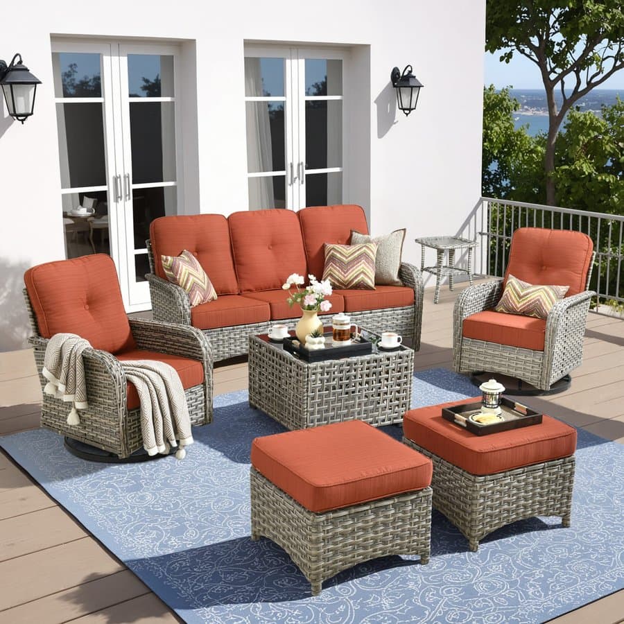 XIZZI Scorpio 6 -Piece Rattan Patio Sofa Conversation Set with Orange Cushions