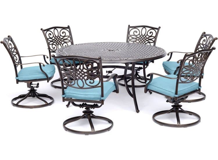 Hanover Traditions 7-Piece Dining Patio Set In Blue/Cast With 6 Swivel Rockers, 60" Round Cast Table