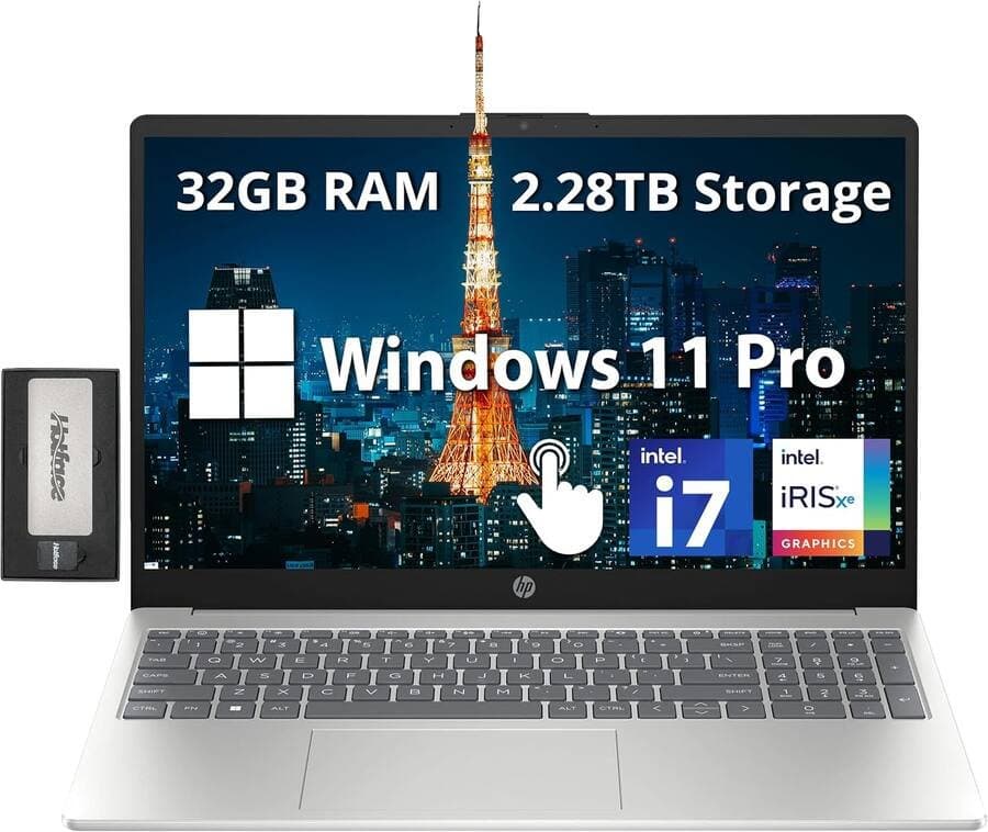 HP 15.6'' FHD IPS Touchscreen Laptop,Intel i7-1255U,32GB DDR4 RAM,2TB SSD+288GB Docking Station Set,Win 11 Pro,Silver