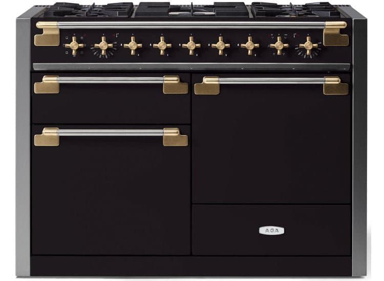 AGA Elise Dual Fuel Range 48-Inch Antique Brass Handle Stanchion and Knobs in White - AEL481DFABWHT