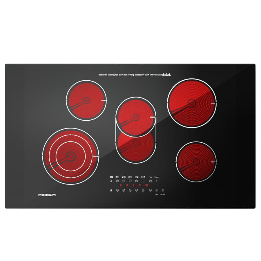36-inch Electric Cooktop with 5 Burners & Griddle-9 Power Levels, Rapid Even Heating for Frying/Boiling, Ceramic Glass Surface, Child Safety Lock, 220-240V (No Plug) MO-CCHB90US