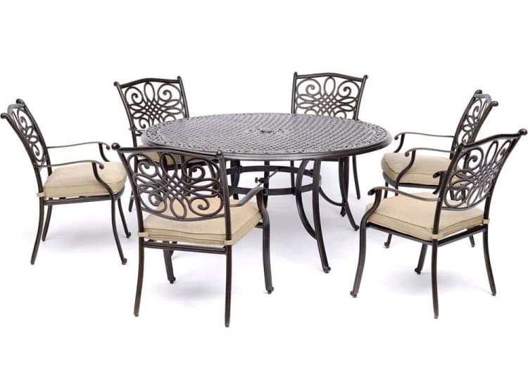 Hanover Traditions Tan 7-Piece Outdoor Dining Set w/ Six Dining Chairs & 60" Cast-Top Table