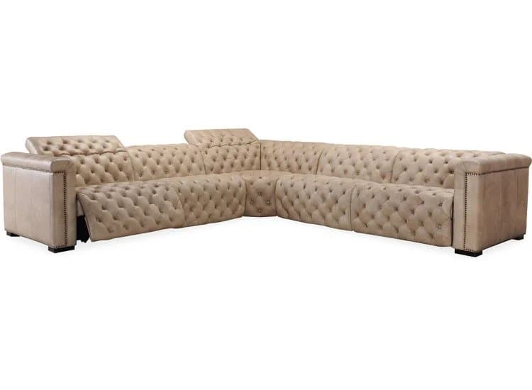 Hooker Furniture Living Room Savion Grandier 5-Piece Power HR Sectional w/2 Power Recline in Coffee Brown | Giovanni Taupe Leather
