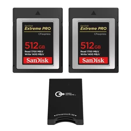 SanDisk Extreme PRO 512GB CFexpress Type-B Memory Card, 2-Pack, Bundle with Green Extreme Dual-Slot Memory Card Reader