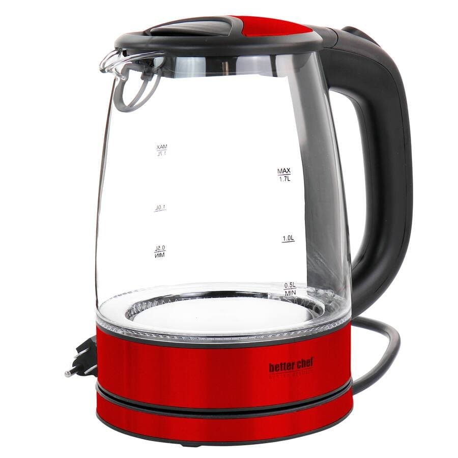 Better Chef 1.7 Liter 360 Degree Glass Cordless Electric Kettle, Red
