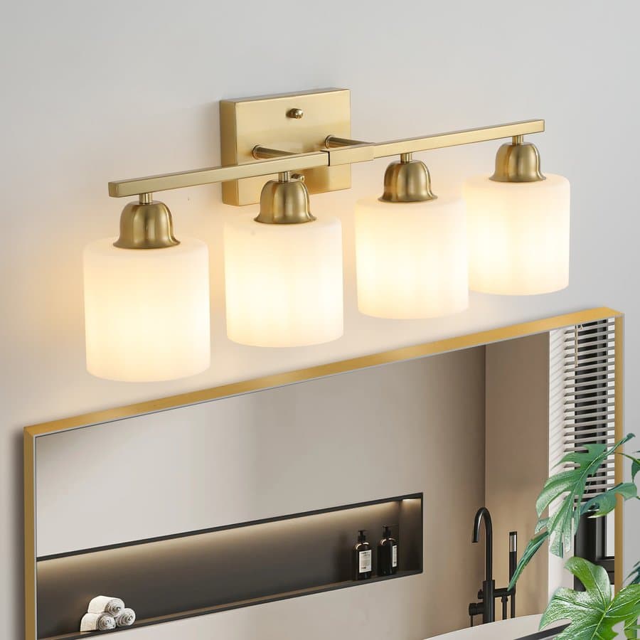 Tatayosi Gold Bathroom Light Fixtures 4-Light Modern Vanity Light Over Mirror Wall Sconces with Milky White Frosted Glass Shades E26 Socket (Bulbs Not Included)