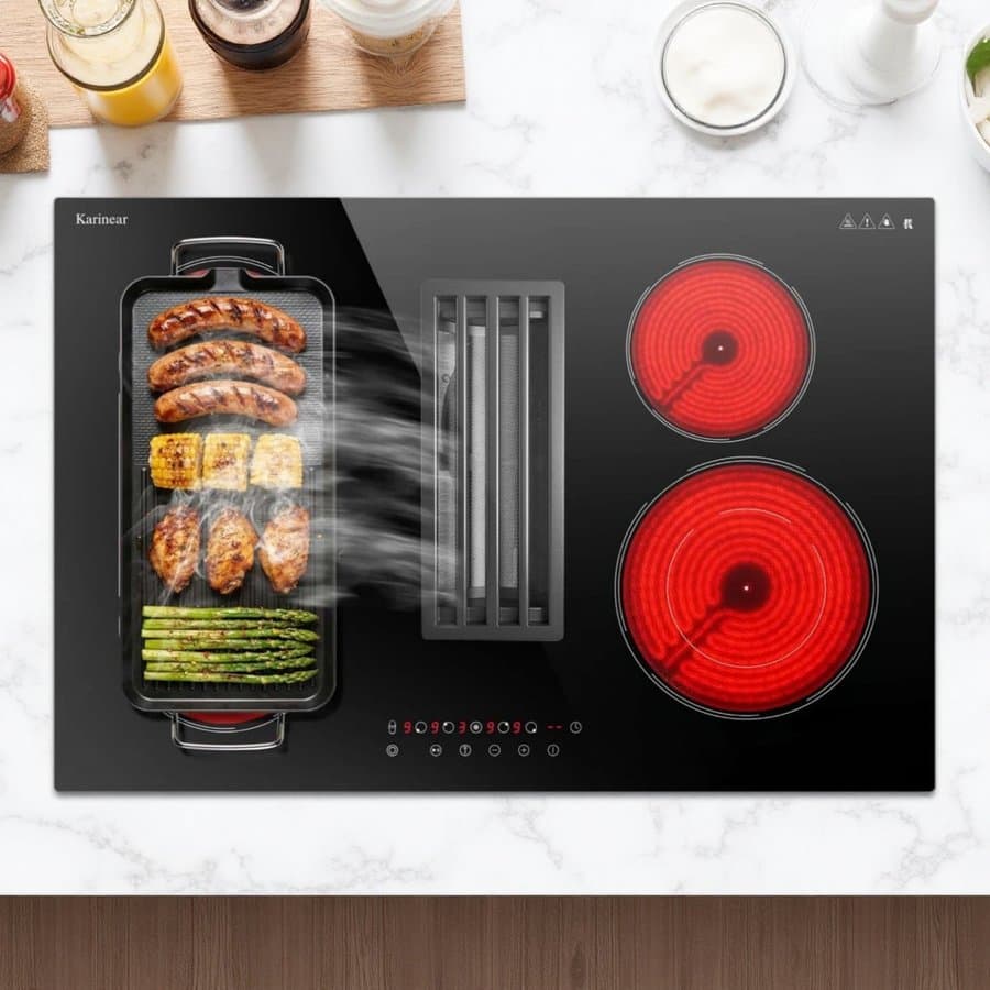 Karinear 36 inch Downdraft Electric Cooktop 7400W with Ventilation System, 2 Burner Electric Stove Top, Downdraft Extractor Control, No Plug WY-90135A-D474124-END