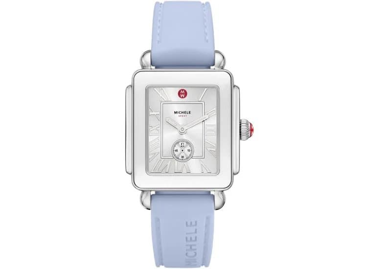 Michele Deco Sport Mid Stainless Steel Pastel Blue Silicone Watch 31mm with White Dial-MWW06H000006