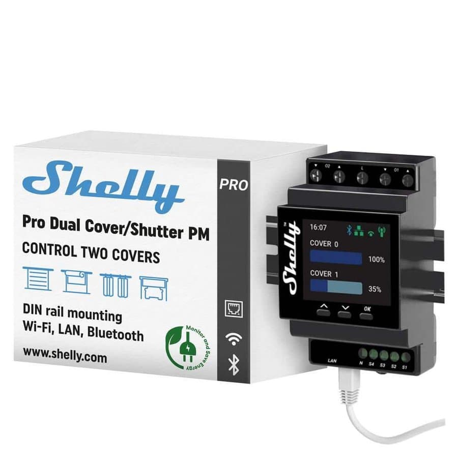Shelly Pro Dual Cover/Shutter PM, LAN, Wi-Fi and Bluetooth, Professional DIN Rail Smart Controller With 2 Covers, 16A Each