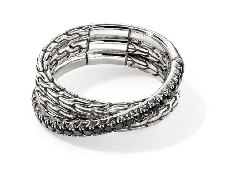 John Hardy JH Essential Pave Crossover Ring Size 7 in Sterling Silver with Treated Black Sapphires