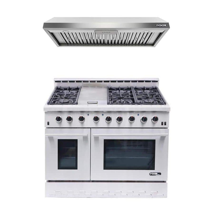 Entree Bundle 48 in. 7.2 cu. ft. Pro-Style Gas Range with Convection Oven and Range Hood in Stainless Steel and Black
