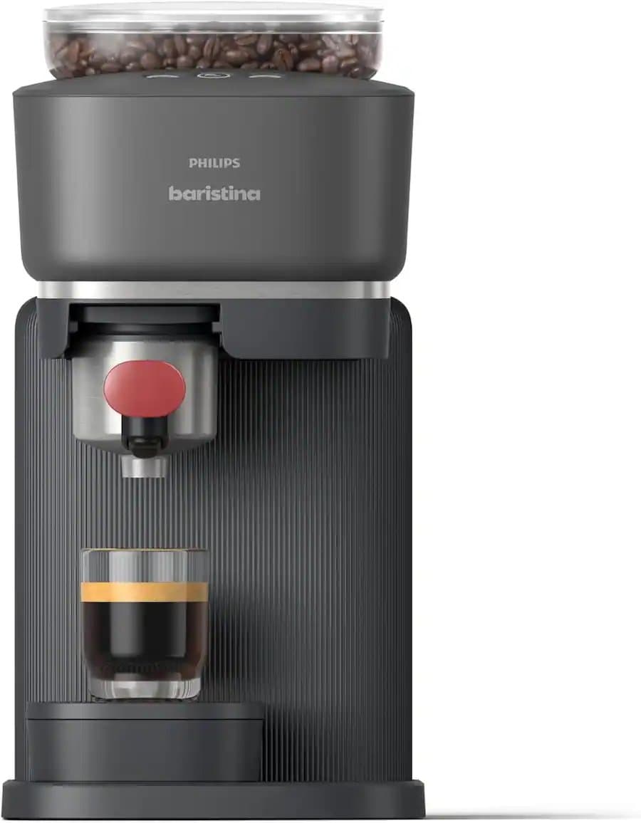 PHILIPS Baristina Espresso Machine, Automatic Grinder, Black with Berry Red Portafilter (BAR301/60)