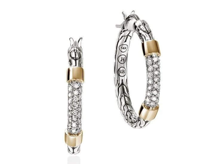 John Hardy JH Essential Pave Hoop Earrings-Size 23mm-in Gold and Sterling Silver with Diamonds