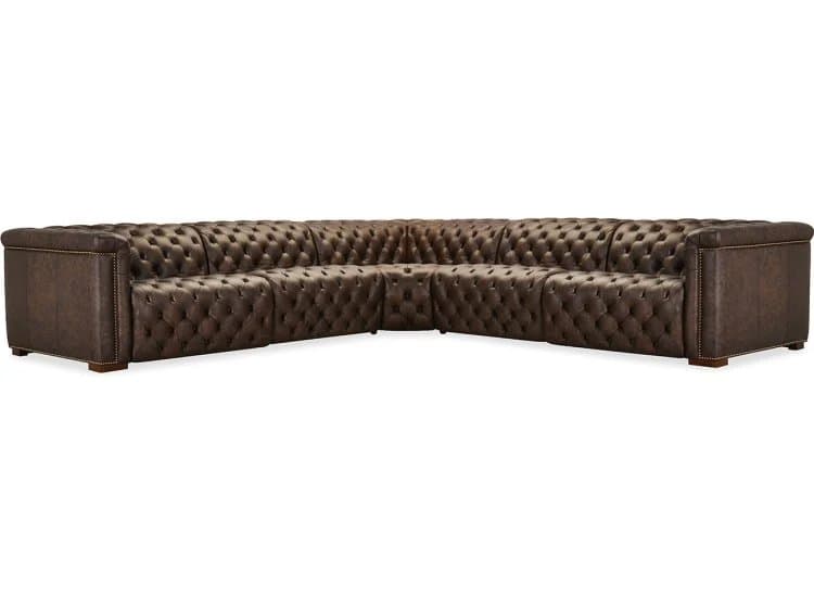 Hooker Furniture Living Room Savion Deux 5 Seat Sectional with 3 Power Recliners and 6 Power Headrests in Dark Wood | West Saddlewood