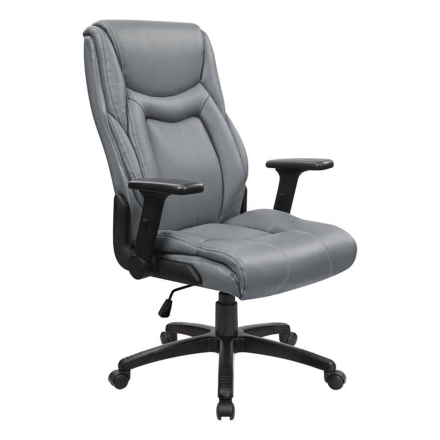 Work Smart Executive Bonded Leather High Back Office Chair with Adjustable Arms, Grey with white Stitching