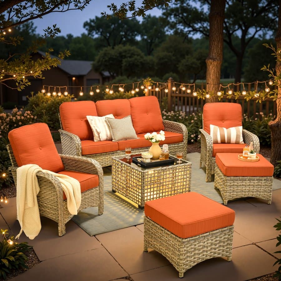 XIZZI Scorpio 5 -Piece Rattan Patio Sofa Conversation Set with Orange Cushions