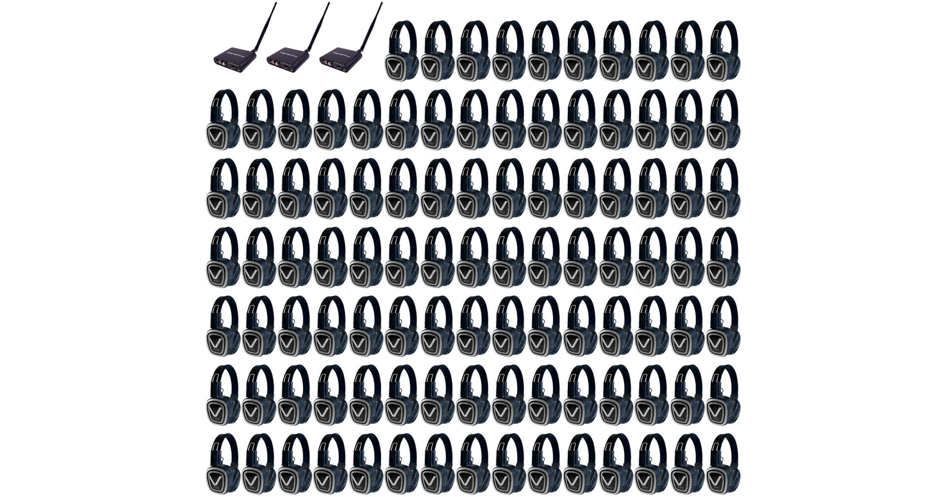 VocoPro Silent Disco Pro 3100 Long-Range Event Package (3 Transmitters, 100 Headphone Receivers)