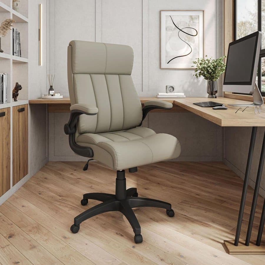 Faux Leather Adjustable Height Ergonomic Executive Office Chair, Taupe with Padded Flip-Up Arms