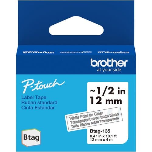 Brother Btag Label Tape for P-Touch PT-N10, PT-N20 & PT-N25BT (White on Clear, 0.5" x 13.1')