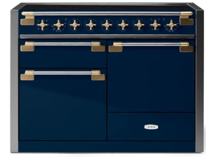 AGA Elise Induction Range 48-Inch Antique Brass Handle Stanchion and Knobs in Indigo - AEL481INABIND