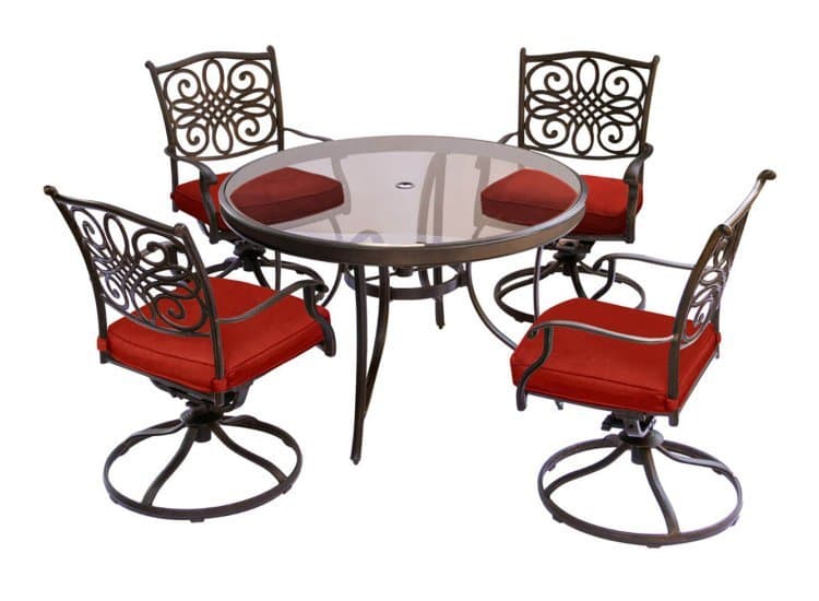 Hanover Traditions 5-Piece Outdoor Dining Set In Red/Bronze With 4 Swivel Rockers, 48" Glass-Top Table