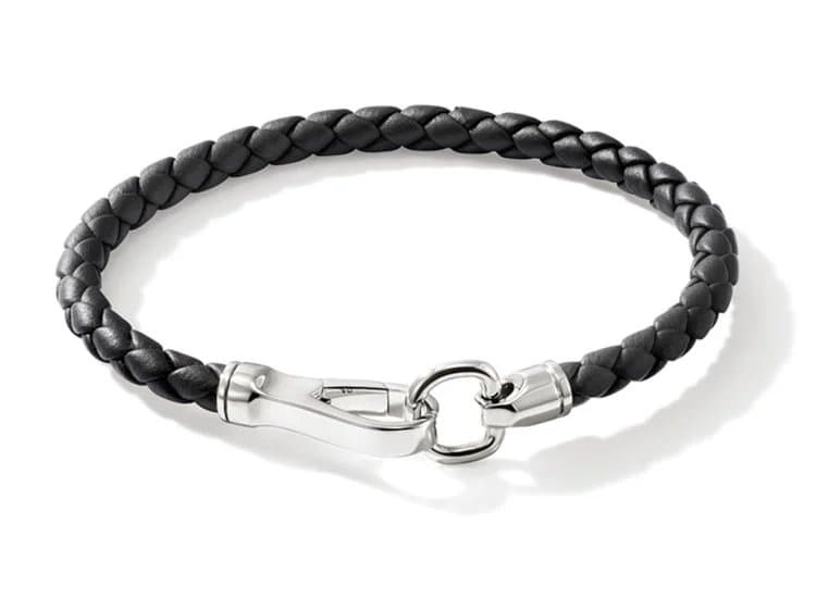 John Hardy Hook Clasp Bracelet, 5mm-Size Large-in Sterling Silver and Black Leather