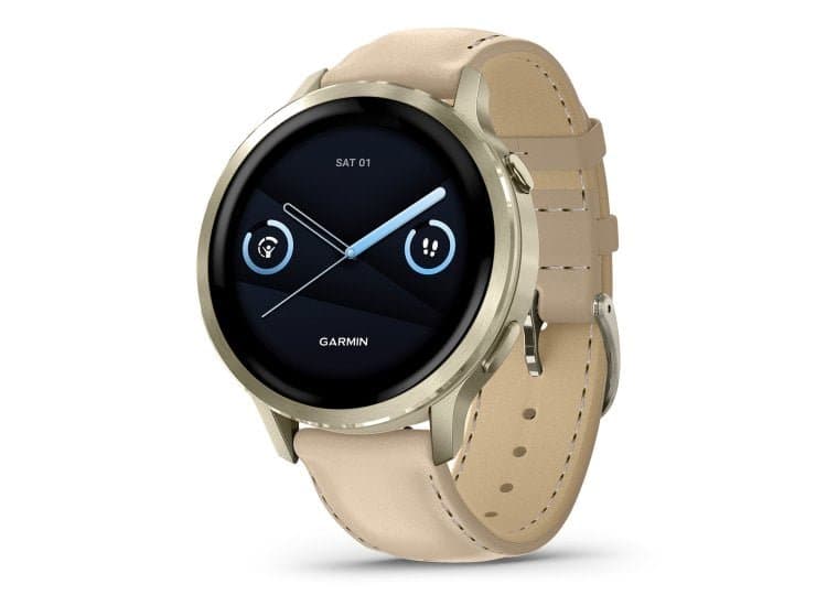 Garmin Venu 4 41mm Watch, Lunar Gold Stainless Steel Bezel With White Bone Silicone Band and Light Sand Leather Band