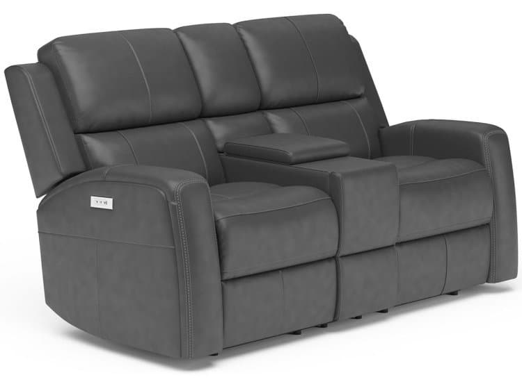 Flexsteel Linden Gray Leather Power Reclining Loveseat with Console & Power Headrests & Lumbar