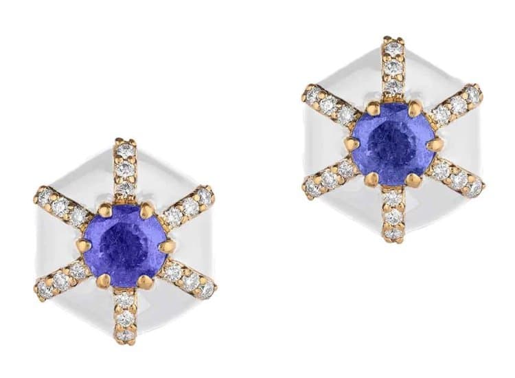 Goshwara Queen Hexagon Studs with Tanzanite and White Enamel