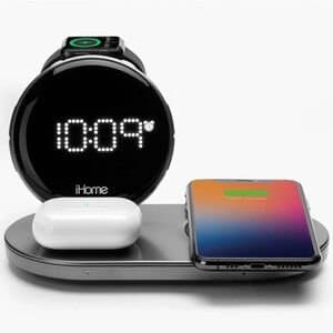 iHome Quad 4-in-1 Dual Qi 15W Wireless Fast Charger, AirPod Charging, Apple Watch Charger, and USB Charging Alarm Clock-Gray (IWW33)