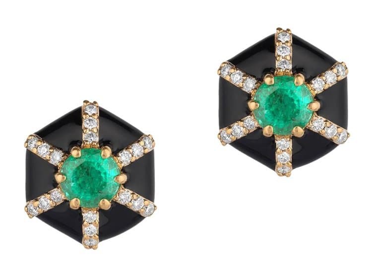 Goshwara Queen Hexagon Studs with Emerald and Black Enamel