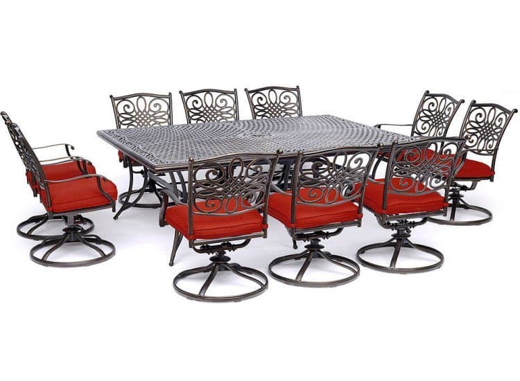 Hanover Traditions 11-Piece Outdoor Dining Set In Red/Cast With 10 Swivel Rockers, 60x84" Cast Table
