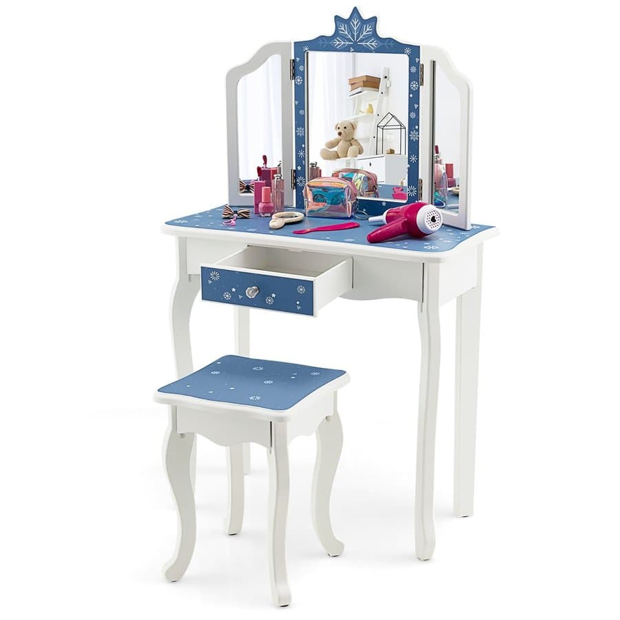 Costway   2 in 1 Kids Vanity Table and Chair Set with Drawer and Detachable Tri-Folding Mirror and Stool for Toddlers and Kids  Blue