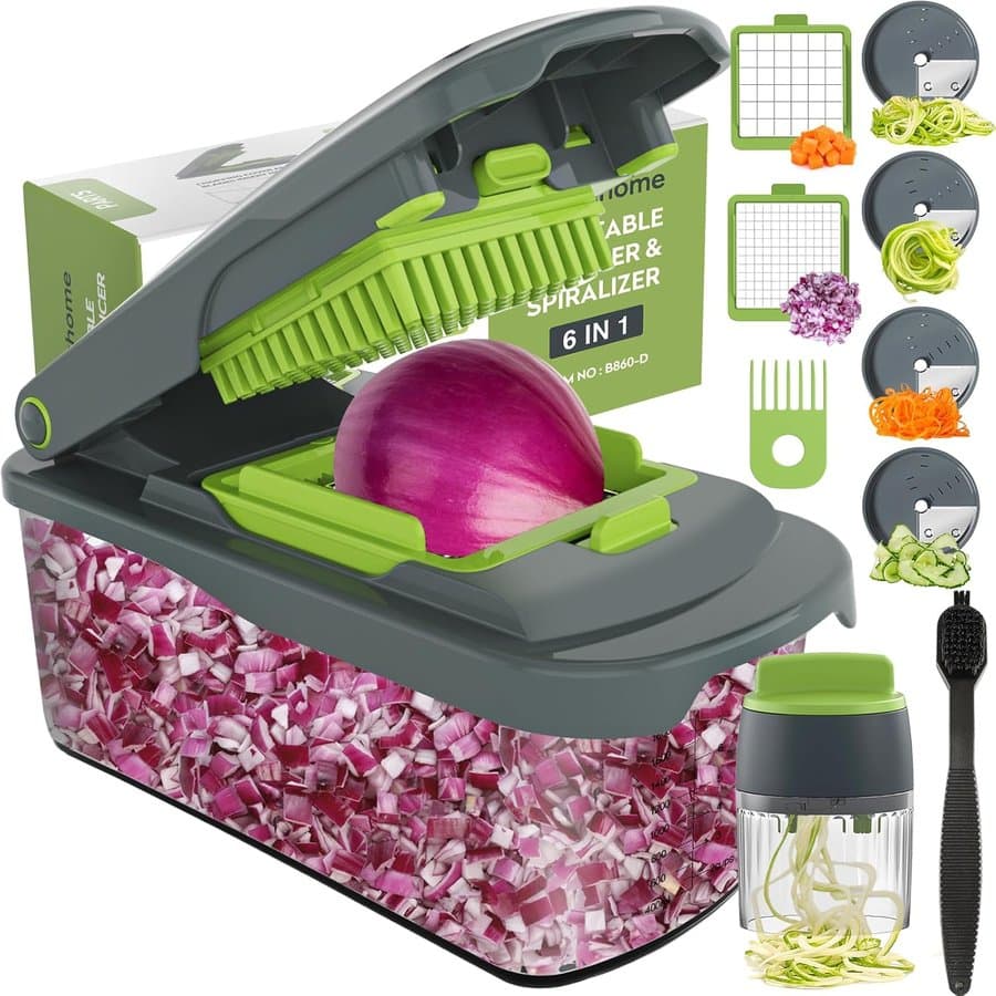 Ourokhome 6 in 1 Onion Chopper Dicer Manual Food Cutter with Container Handheld Veggie Spiralizer Mandolin Slicer 2 L Tray 2 Blades 1 Set Gray