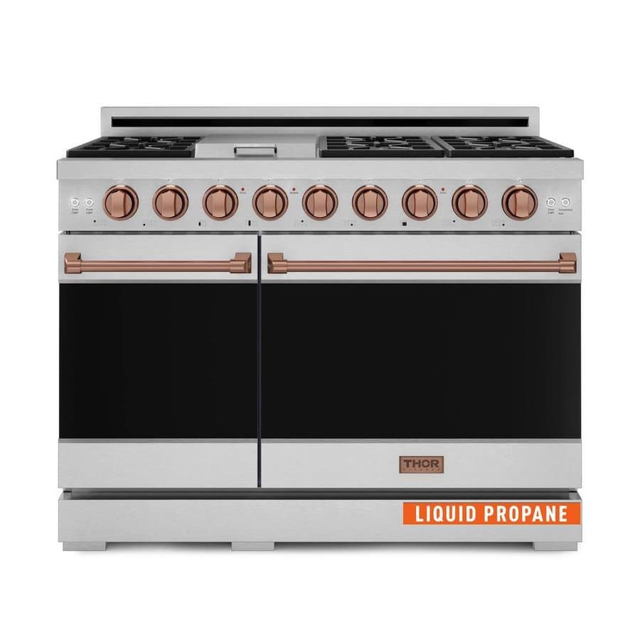 Gordon Ramsay Series 48 in. 6-Burners Double Oven Gas Range, SS/Rose Gold with Convection and Grill in Propane