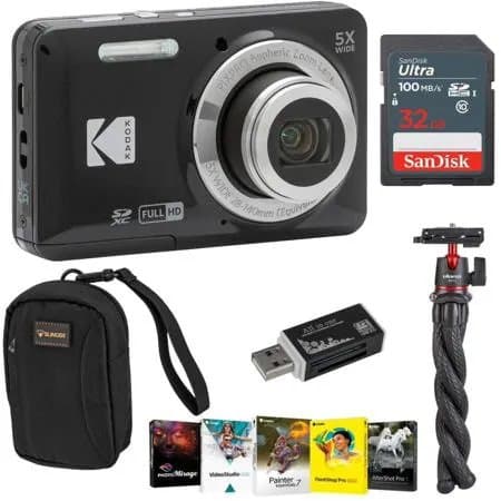 Kodak PIXPRO FZ55 Friendly Zoom Digital Camera, Black, With SD Card, Camera Bag, Tripod, Photo Editing Software, SD Card Reader