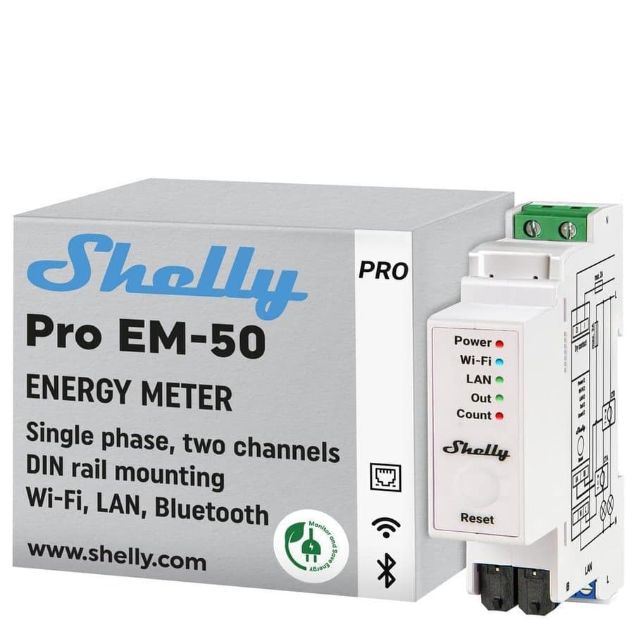 Shelly Pro EM 50A, Wi-Fi and Bluetooth Energy Meter with Contactor Control with Power Measurement, Home Automation