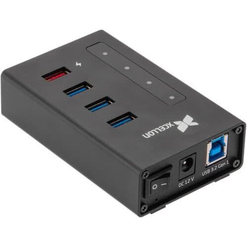 Xcellon 4-Port Powered USB 3.2 Gen 1 Slim Aluminum Hub with 1 Dual Data/Charging Port