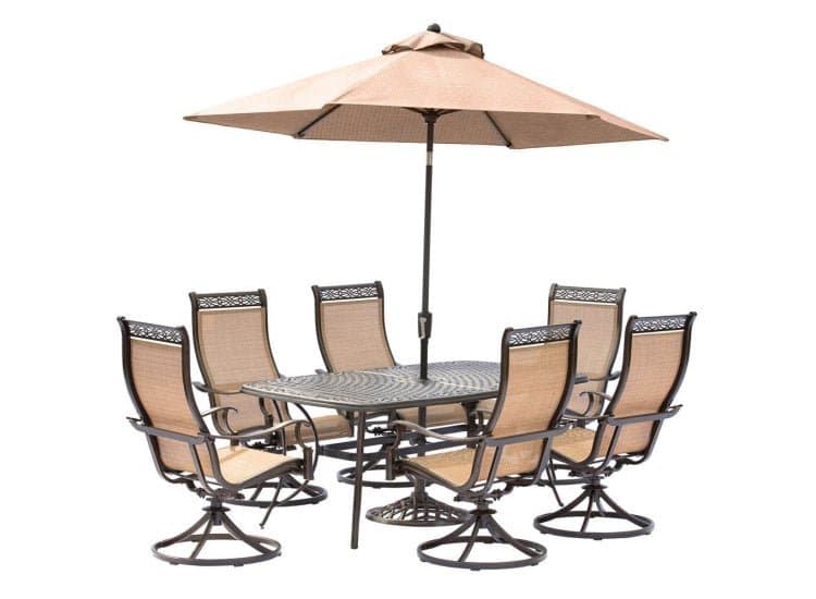 Hanover Manor 7-Piece Outdoor Dining Set With Six Swivel Rockers, A Cast-Top Dining Table, A 9 Ft. Umbrella And Umbrella Stand