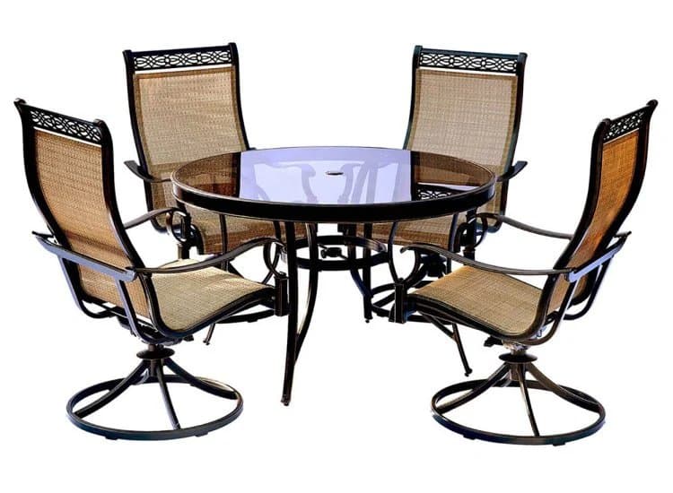 Hanover Monaco 5-Piece Outdoor Dining Set In Tan/Bronze With 4 Sling Swivel Rockers, 48" Glass-Top Round Table