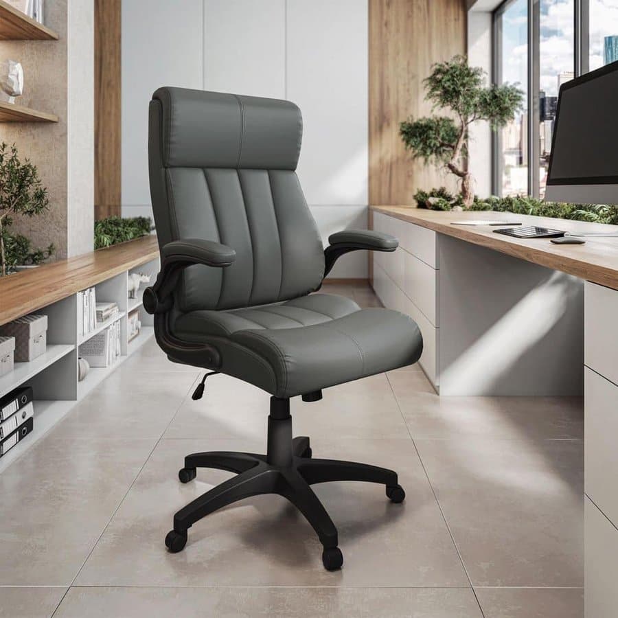 Faux Leather Adjustable Height Ergonomic Executive Office Chair, Gray with Padded Flip-Up Arms