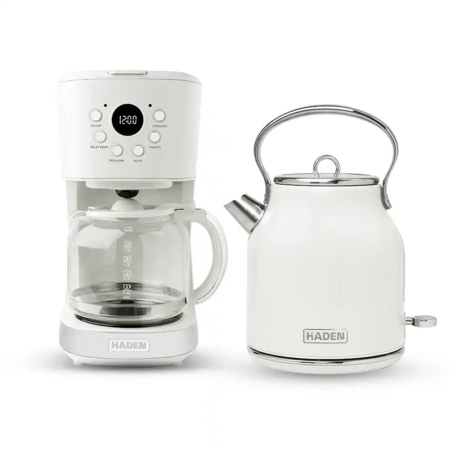 Haden 12 Cup Coffee Maker & Heritage 1.7 Liter Electric Kettle, Ivory & Chrome
