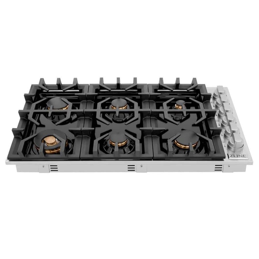36 in. 6 Burner Top Control Porcelain Gas Cooktop with Brass Burners, Stainless Steel