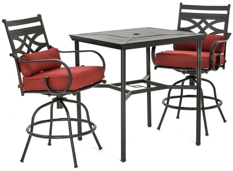 Hanover Montclair 3-Piece Outdoor Dining Set In Chili Red/Brown With 2 Swivel Chairs, 33x33 Steel-Stamped Table